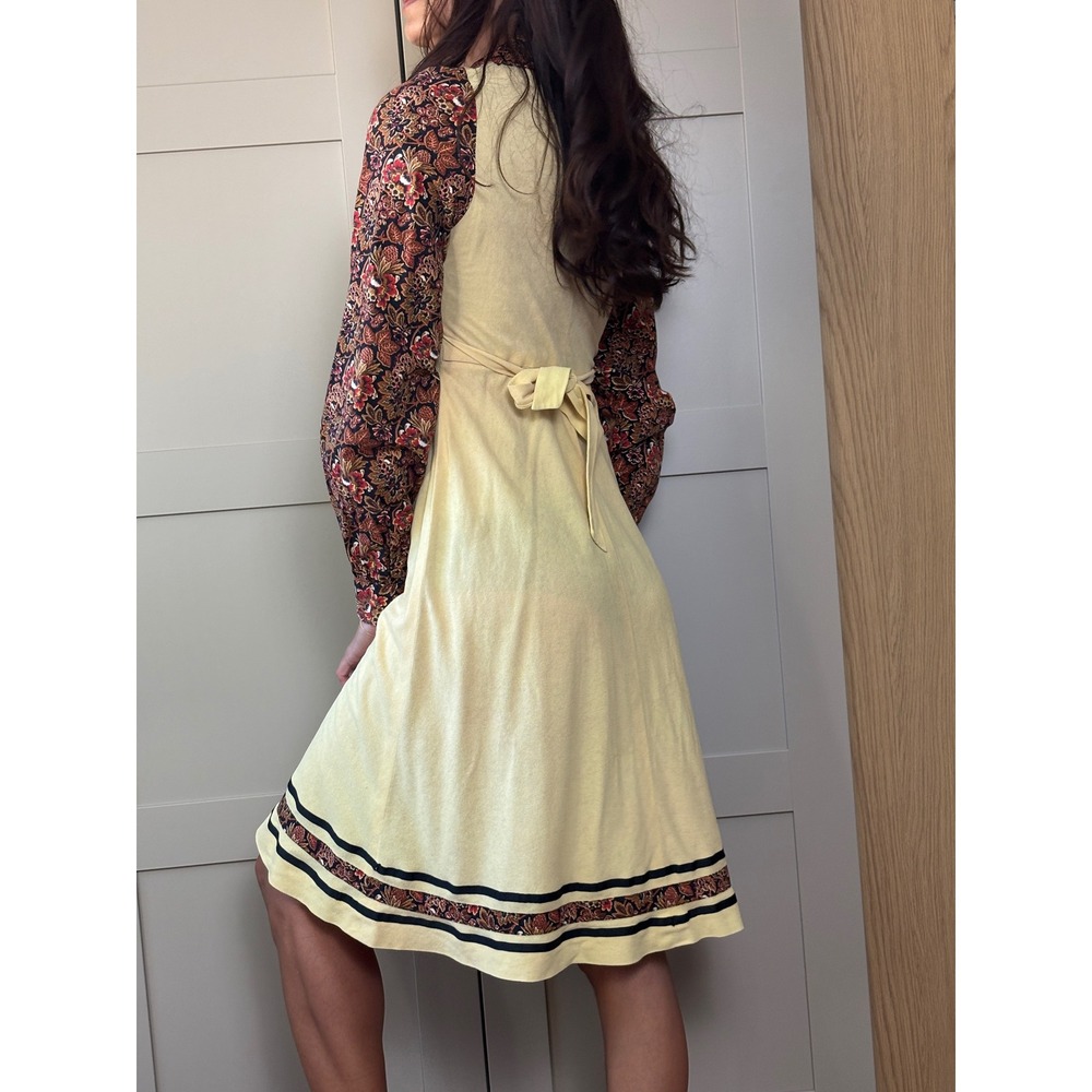 Vintage 70s Floral Mixed Print Long Sleeve Midi Dress Yellow Boho Cottagecore